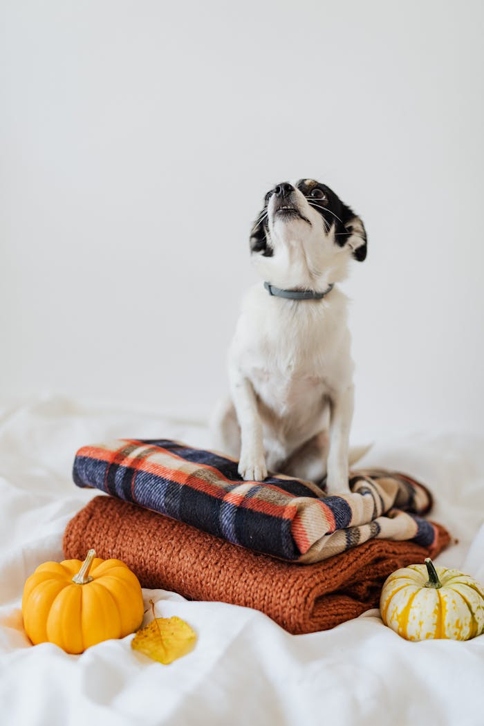 gallery-4 Adorable puppy on plaid blankets surrounded by fall pumpkins indoors.