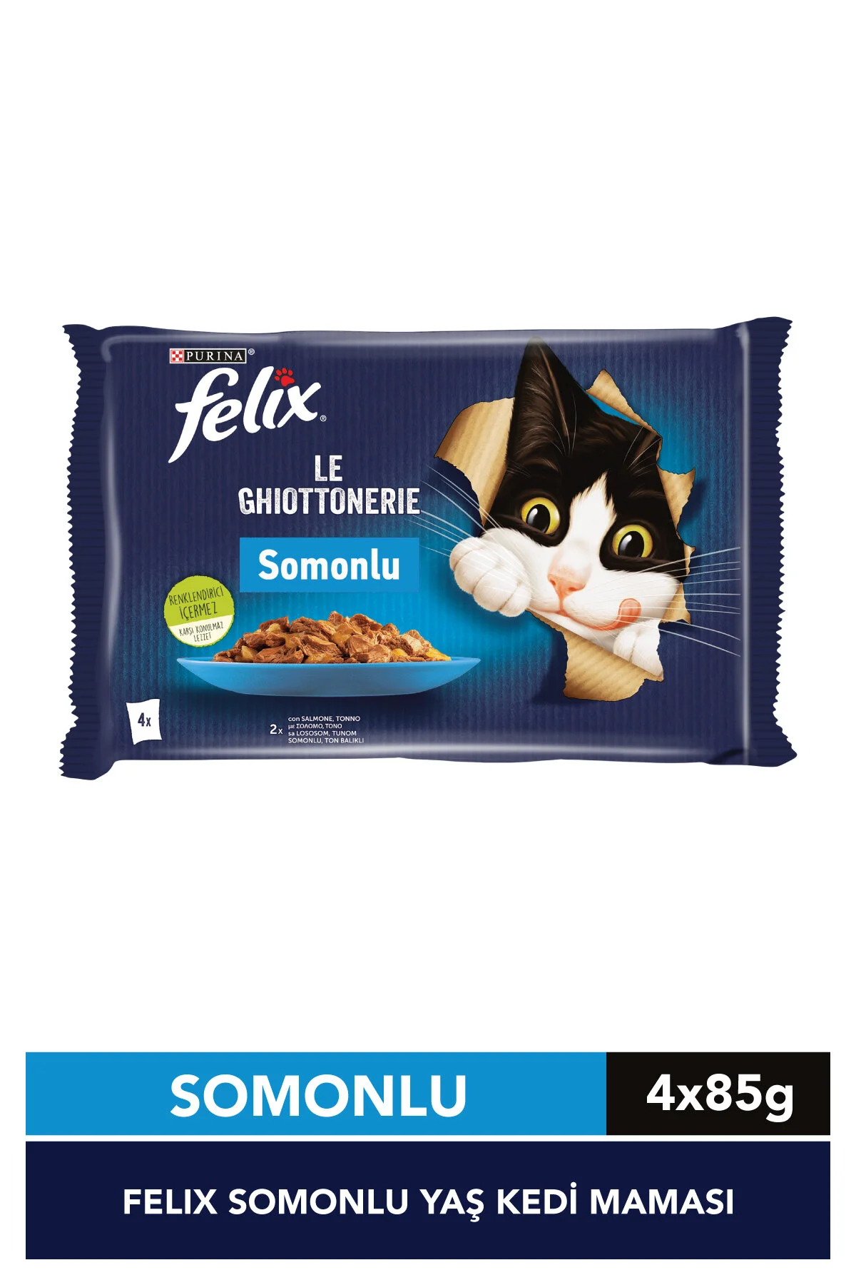 Felix Multipack Pouch Somonlu ve Ton Balıklı Yetişkin Kedi Konservesi 4×85 Gr
