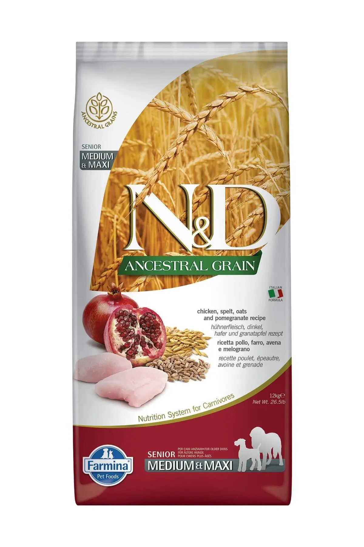 N&D Ancestral Grain Tavuklu ve Narlı Orta ve Büyük Irk Ata Tahıllı Yaşlı Köpek Maması 12kg
