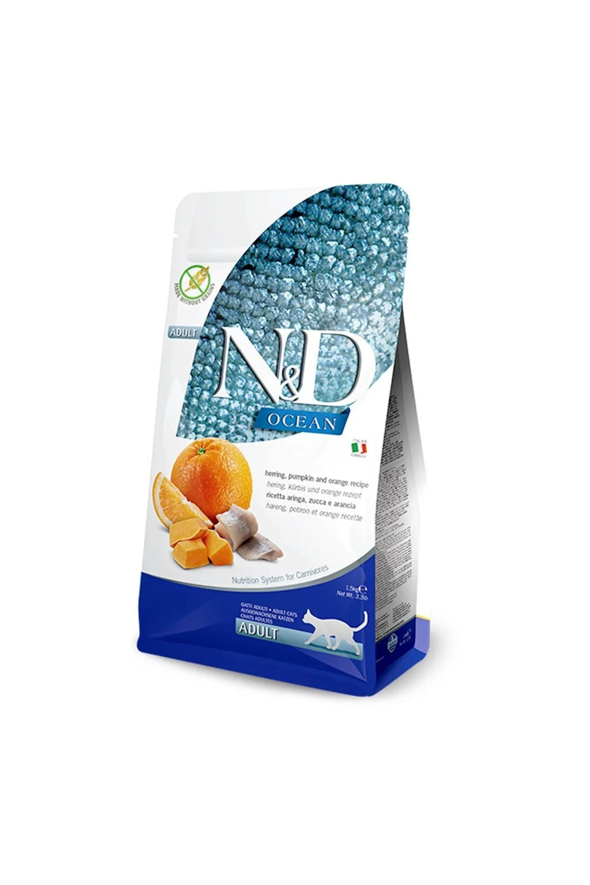 N&D Ocean Pumpkin Balkabaklı Ringa Balıklı Portakallı Tahılsız Yetişkin Kedi Maması 1,5 Kg