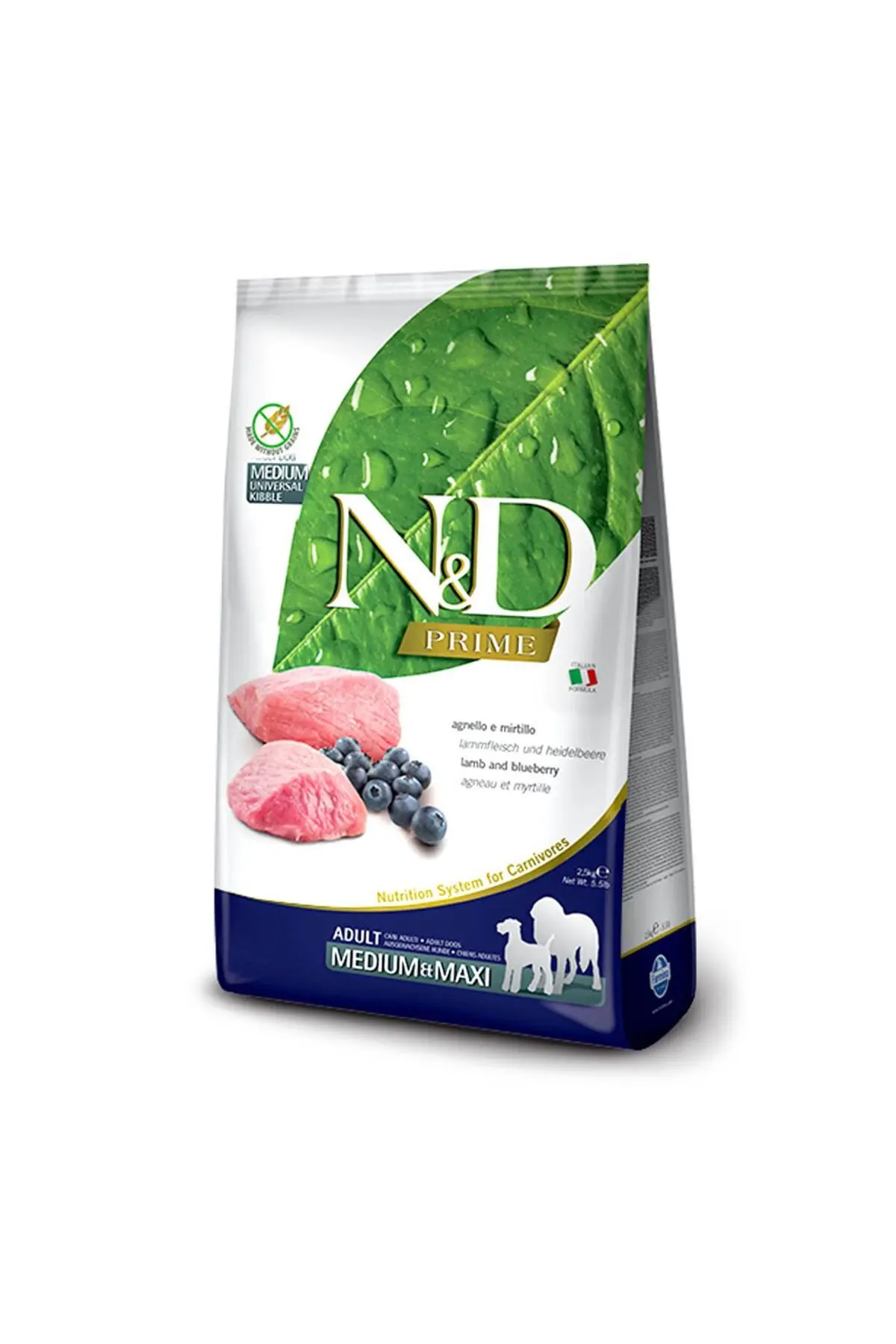 N&D Prime Kuzu Etli ve Yaban Mersinli Orta ve Büyük Irk Tahılsız Yetişkin Köpek Maması 2,5kg