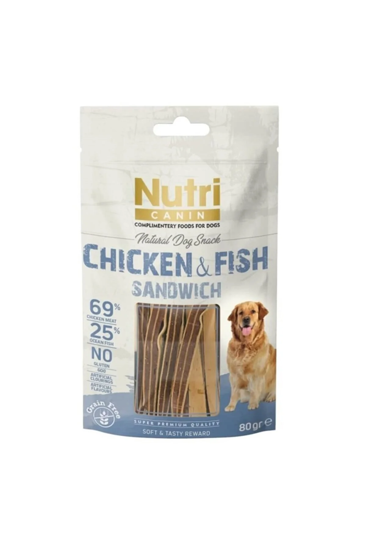Nutri Canin %25 Okyanus Balıklı ve %69 Tavuk Etli Tahılsız Sandviç Köpek Ödül Maması 80gr