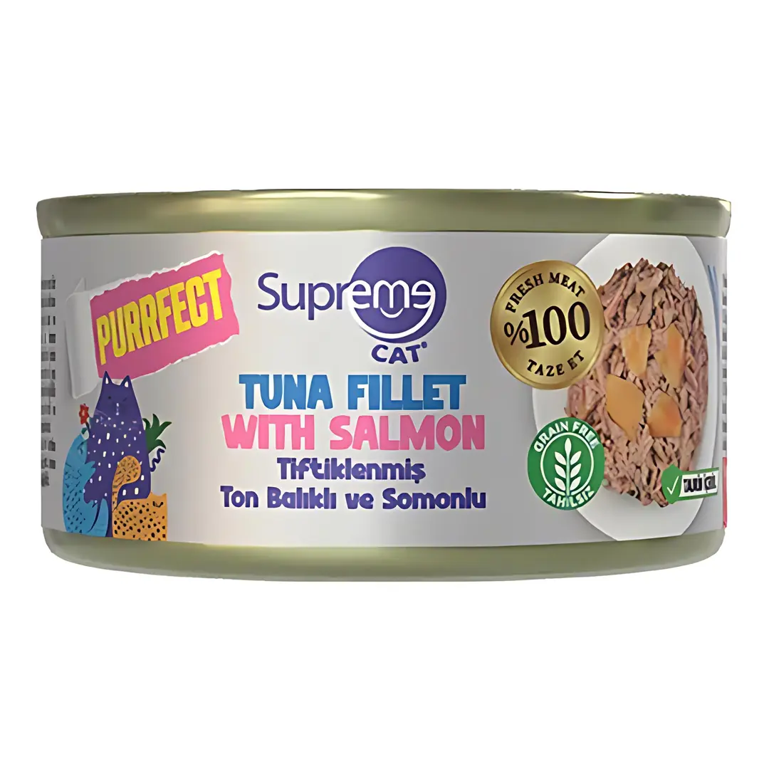 Supreme Cat Purrfect Tiftiklenmiş Ton Balıklı ve Somonlu Yetişkin Kedi Konservesi